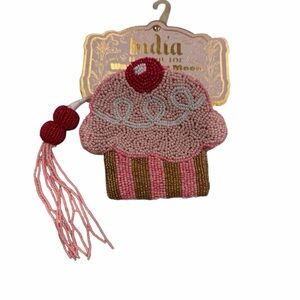 Pink and Gold Beaded Cupcake Coin Pouch w/Keychain